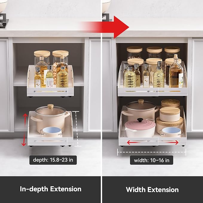 Pull out Cabinet Organizer Raised Side Walls for Safer Storage - Zero-Drill Installation, 4-Way Expansion, Modern Design for Kitchen & Pantry Depth (15.8"-23") & Width (10"-16")