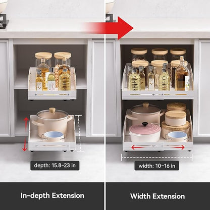Pull out Cabinet Organizer Raised Side Walls for Safer Storage - Zero-Drill Installation, 4-Way Expansion, Modern Design for Kitchen & Pantry Depth (15.8"-23") & Width (10"-16")