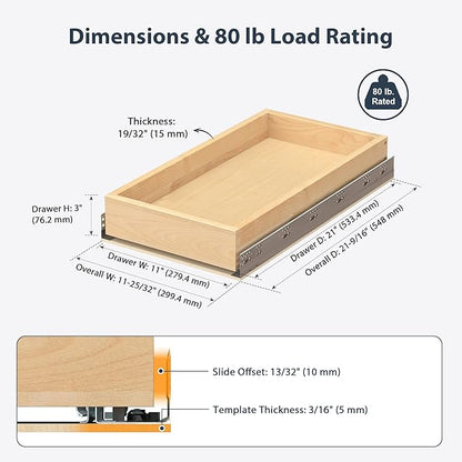 Pull Out Drawers for Kitchen Cabinets 11" W x 21" D Birch Wood | Pull-Out Cabinet Drawer, Slide Out Shelf, Concealed Soft-Close Full-Extension Slides, Bottom & Side Mount, 80 lb Heavy-Duty
