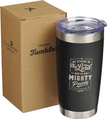 Christian Art Gifts Stainless Steel Double-Wall Vacuum Insulated Travel Mug 18 oz Matte Black Tumbler with Lid for Men Inspirational Bible Verse - Strong in the Lord - Eph. 6:10