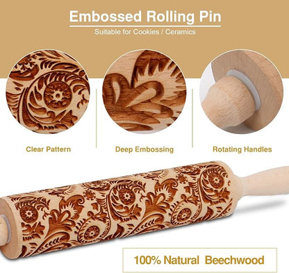 Christmas Embossed Rolling Pin for Baking Cookies Embossing Rolling Pins with Design Wooden Engraved Springerle Roller Pin Dough Snowflake Paisley Patterned Clay Pottery Ceramic Bakers (Floral Frost)
