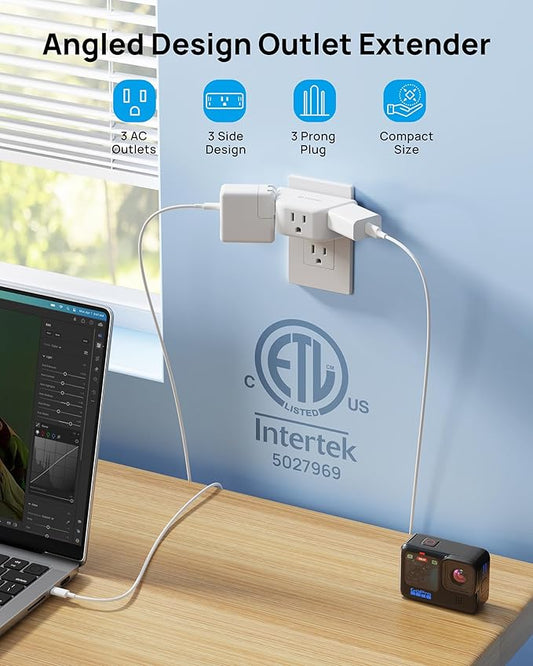 TROND Outlet Extender, 3-Prong Grounded Wall Plug Splitter, 3 Way Angled Outlet Adapter, ETL Listed, Cruise Ship Essentials, Plug Expander with 3 Electrical Sockets for Bathroom, Kitchen, White