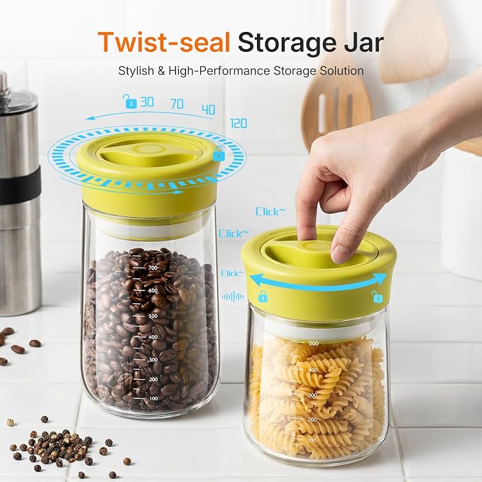 Airtight Glass Storage Jar with Rotary Lid, 17oz Borosilicate Decorative Glass Container Jar with Measurement Marks, Wide Mouth Mason Jar for Coffee Beans, Overnight Oats, Sugar, Snacks, Nuts