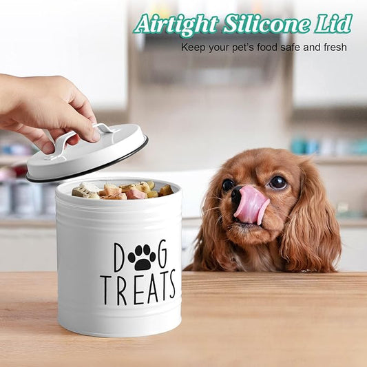 Large Dog Treat Container Airtight - 6.6" Tall X 6" Round White Dog Treat Jar for Kitchen Counter - Rustic Treat Storage Canister for Dogs, Cats, Small Animals - Gifts for Pet Owners