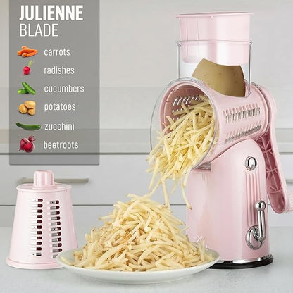 Zulay Kitchen Rotary Cheese Grater 5 Blade Cheese Shredder - Manual Hand Crank Cheese Grater With Reinforced Suction & 5 Interchangeable Drums - Easy to Use, Vegetable Chopper Round Mandoline Slicer