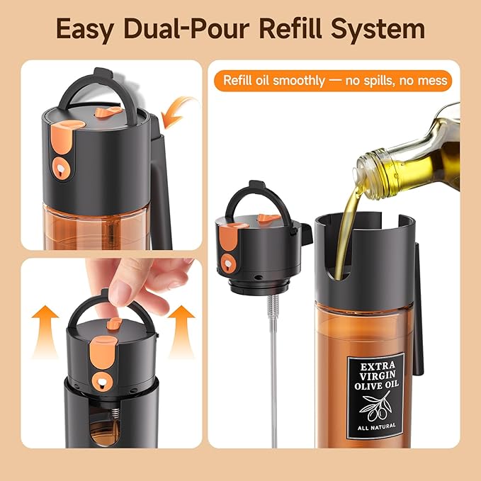 500ml Black Oil Sprayer and Dispenser, 2-in-1 Dark-Tinted Glass Spray Bottle for Air Fryer, BBQ, Salad, Baking, Refillable Oil Mister