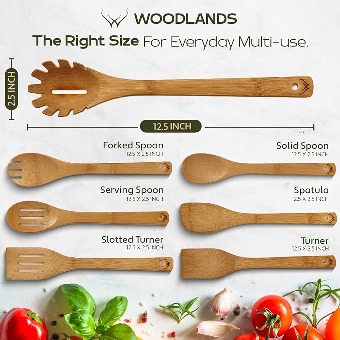 7PCS Carbonized Bamboo Wooden Spoons for Cooking Set, Premium Kitchen Utensils for Nonstick Cookware, Durable Wooden Cooking Tools