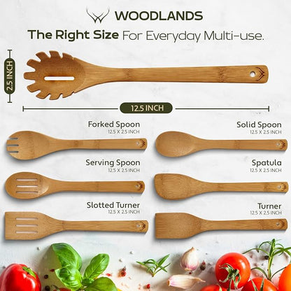 7PCS Carbonized Bamboo Wooden Spoons for Cooking Set, Premium Kitchen Utensils for Nonstick Cookware, Durable Wooden Cooking Tools