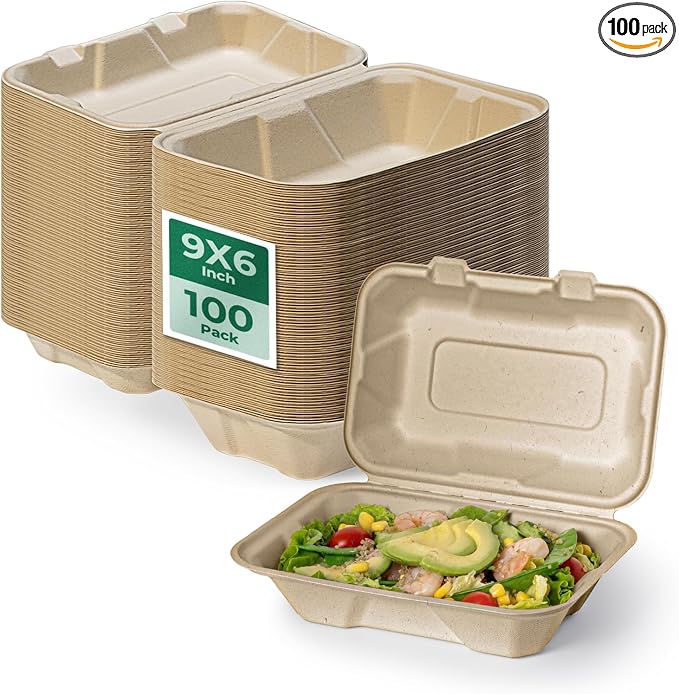 Fit Meal Prep 100 Pack 9x6 Compostable To Go Food Containers, Disposable To Go Boxes for Food, Lunch Boxes, Clamshell Take Out Containers with Lids, Eco Friendly Biodegradable, PFAS-Free, Bagasse