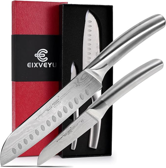 Santoku Knife and Fruit Knife Damascus Pattern Kitchen knives Set Stainless Steel Japanese Chef Knife Paring knives with Hollow Handle