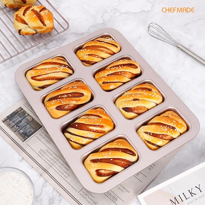 CHEFMADE Brownie Cake Pan, 8-Cavity Non-Stick Rectangle Muffin Pan Bakeware for Oven Baking(Gold)