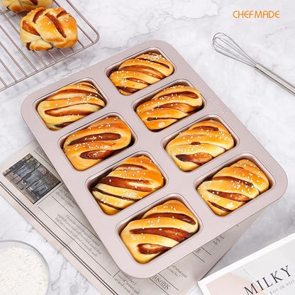 CHEFMADE Brownie Cake Pan, 8-Cavity Non-Stick Rectangle Muffin Pan Bakeware for Oven Baking(Gold)