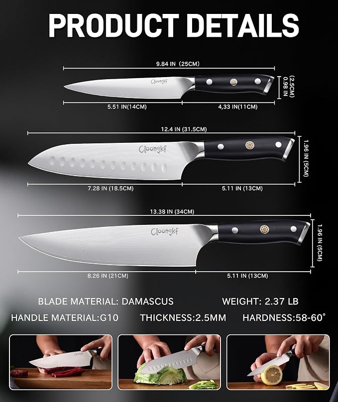 3-Piece Damascus Kitchen Chef Knife Set- 8" Chef Knife, 7" Santoku, 5.5" Utility Knife Japanese High Carbon Stainless Steel with G10 Handle Gift Box Cutting Tools for Meat, Vegetables