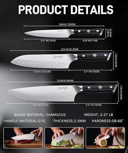 3-Piece Damascus Kitchen Chef Knife Set- 8" Chef Knife, 7" Santoku, 5.5" Utility Knife Japanese High Carbon Stainless Steel with G10 Handle Gift Box Cutting Tools for Meat, Vegetables