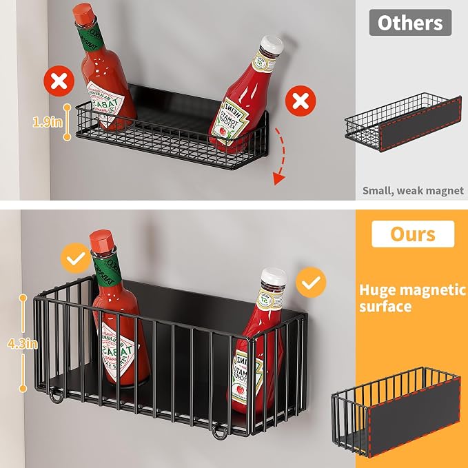 2 Pack Heavy-Duty Magnetic Shelf for fridge, Foldable Magnetic Basket with 4 Hooks, Fruit Potato Onion Storage Shelves, Large Magnetic Spice Rack Organizer for Fridge Oven Laundry(2 Pack)