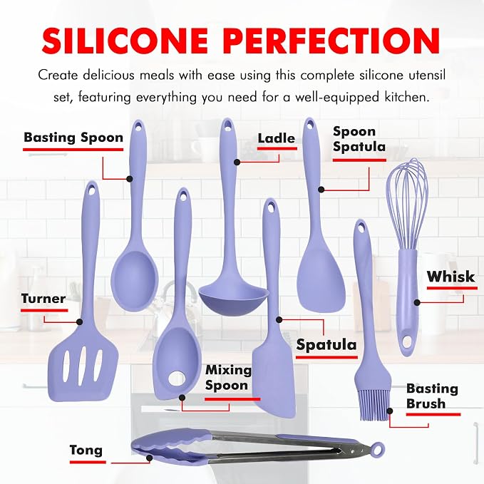 Chef Craft - Premium Silicone Kitchen Tools and Utensils Set, Non-Scratch, Withstands Temperatures up to 450°F, BPA-Free, 9 Piece Cooking Utensils Set, Pastel Blue