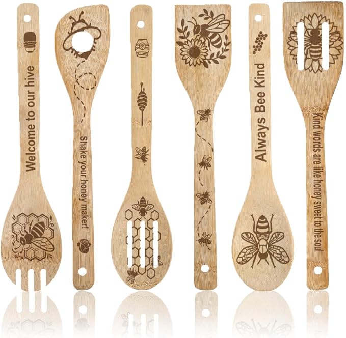 6Pcs 6 Styles Bee Cooking Utensils for Kitchen 11.8 x 2.4 Inch Bamboo Kitchen Spoons Durable Wood Spoons Set for Housewarming Wedding Birthday Gift Farmhouse Apartment Decor Accessories