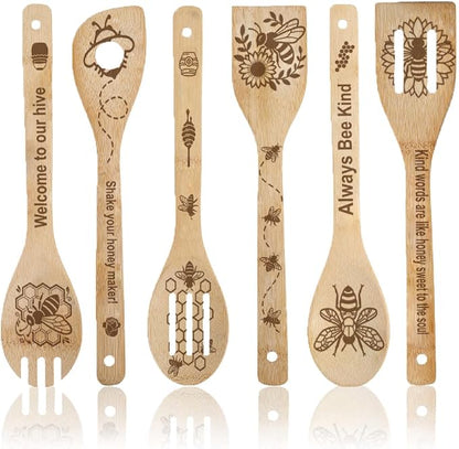 6Pcs 6 Styles Bee Cooking Utensils for Kitchen 11.8 x 2.4 Inch Bamboo Kitchen Spoons Durable Wood Spoons Set for Housewarming Wedding Birthday Gift Farmhouse Apartment Decor Accessories