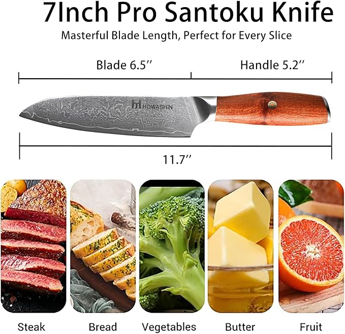 Santoku Knife 6.5 Inch Japanese Steel Damascus Kitchen Knife VG-10 Super Stainless Steel Professional High Carbon Super Sharp Kitchen Cooking Knife, Ergonomic Santos Rose Wooden Handle