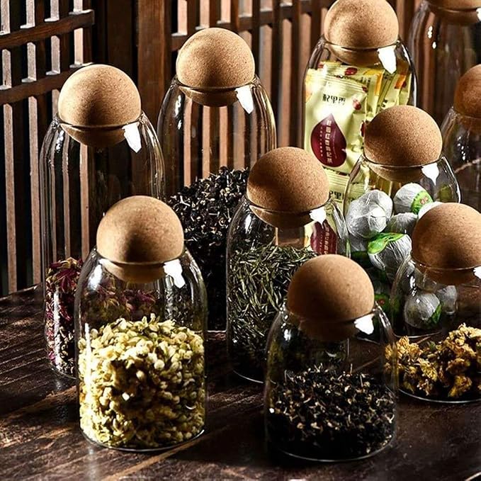 800ML/27Oz Clear Glass Storage Cute Canister Holder Ball Wood Cork Top, Modern Decorative Cylinder Container Jar with Round Lid for Coffee, Spice, Candy, Salt, Cookie Cool Terrarium Bottle