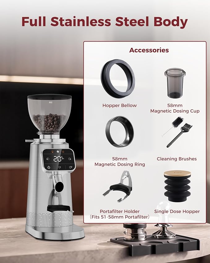 Tuni G3 64mm Flat Burr Coffee Grinder, 100 Grind Settings Electric Espresso Grinder with Single Dose Set | Commercial Grade Precision, Touchscreen | Anti-Static Tech | Stainless Steel (Silver)