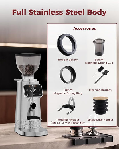 Tuni G3 64mm Flat Burr Coffee Grinder, 100 Grind Settings Electric Espresso Grinder with Single Dose Set | Commercial Grade Precision, Touchscreen | Anti-Static Tech | Stainless Steel (Silver)