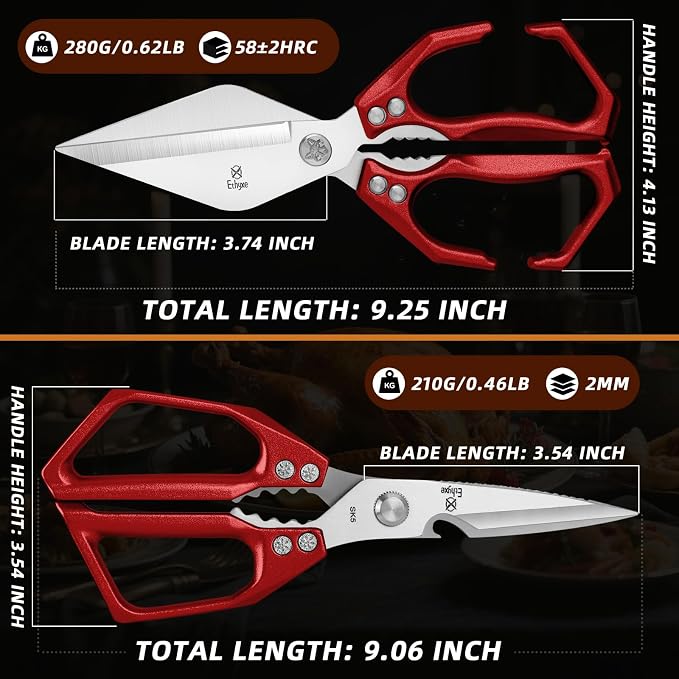 Shears with red handles and metal blades, showing blade length, total length, and weight on a dark background.