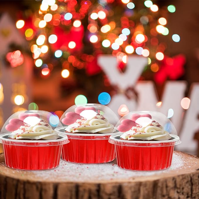 5oz Disposable Cupcake Pans with Lids 25 Pack, Foil Mini Cake Pans Small Muffin Tin, Individual Baking Cups Cupcake Containers Creme Brulee Ramekins Liners for Christmas Baking Gifts-Red