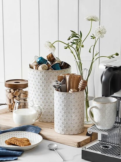 LE TAUCI Kitchen Utensil Holder for Countertop - 7.1"+5.4" Ceramic Utensil Crock Set of 2, Large Cooking Utensil Organizer for Spatula, Spoon, Whisk - Farmhouse Storage, Embossed, Clover