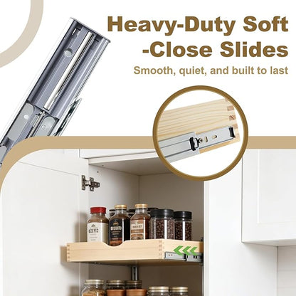 23" Pull Out Cabinet Drawer (Fits 24" Cabinet Opening), Wood Slide Out Cabinet Shelf Organizer with Ball Bearing Slides, Clear Lacquer Finish, Heavy Duty Kitchen Cabinet Pull Out Shelves