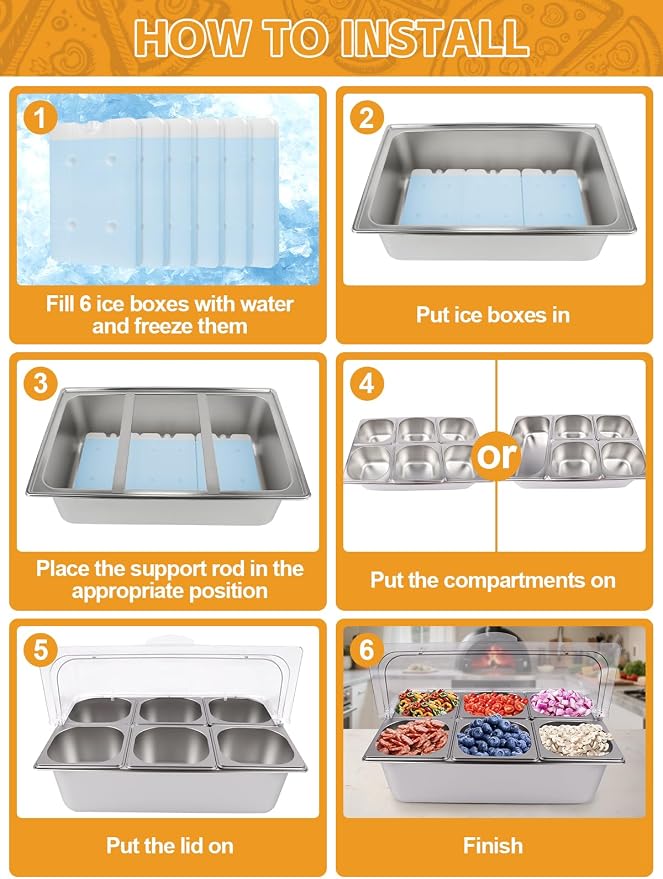 2P Pizza Topping Station 7 Pans Stainless Steel Spice Organizer Salad Bar Buffet Station with Spoons Ice Boxes Buffet Containers Set for Sauce Jam Ingredient Kitchen Restaurant Pantry