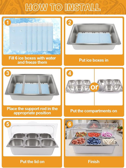 2P Pizza Topping Station 7 Pans Stainless Steel Spice Organizer Salad Bar Buffet Station with Spoons Ice Boxes Buffet Containers Set for Sauce Jam Ingredient Kitchen Restaurant Pantry