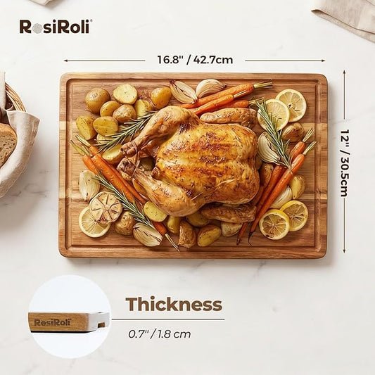 Acacia Wood Cutting Board for Kitchen - 17"x12" Large Chopping Board with Juice Grooves & Handles, 0.7" Thick Butcher Block for Meat and Veggies, Gift for Dad