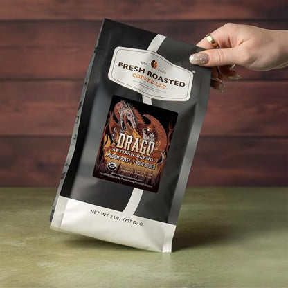 Fresh Roasted Coffee, Organic Drago Café Blend Whole Bean Coffee, Medium Roast, USDA Organic, Kosher, 2 lb (32 oz)