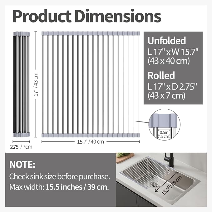 Roll Up Dish Drying Rack for Sink, Over Sink Dish Rack 17 x 15.7 Inch, Silicone Stainless Steel Dish Drainer for Kitchen Counter, BPA Free Utensil Drying Rack, Gray