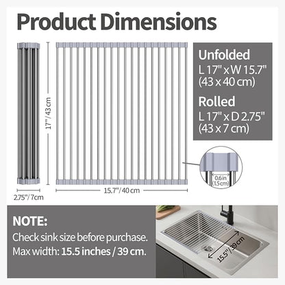 Roll Up Dish Drying Rack for Sink, Over Sink Dish Rack 17 x 15.7 Inch, Silicone Stainless Steel Dish Drainer for Kitchen Counter, BPA Free Utensil Drying Rack, Gray