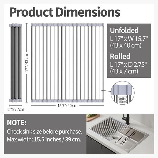 Roll Up Dish Drying Rack for Sink, Over Sink Dish Rack 17 x 15.7 Inch, Silicone Stainless Steel Dish Drainer for Kitchen Counter, BPA Free Utensil Drying Rack, Gray