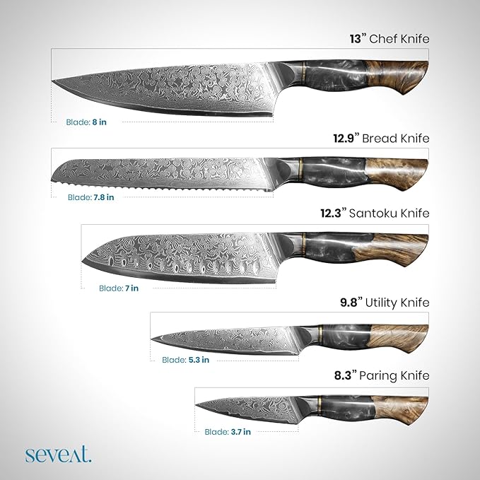 Damascus Kitchen Knife Set | 67-Layer Damascus Steel | Professional Japanese Chef Knife Set | Ergonomic Wood & Resin Handle | Gift Box Included (Black, 5-Piece Set)