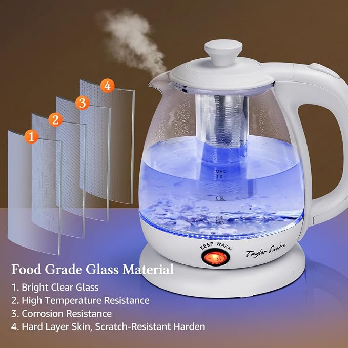 Taylor Swoden Electric Kettle With Tea Infuser, 1L Small Electric Kettle With Keep Warm, LED Light Hot Water Boiler & Heater For Coffee & Tea, Auto Shut-Off & Boil Dry Protection, Bpa Free, White