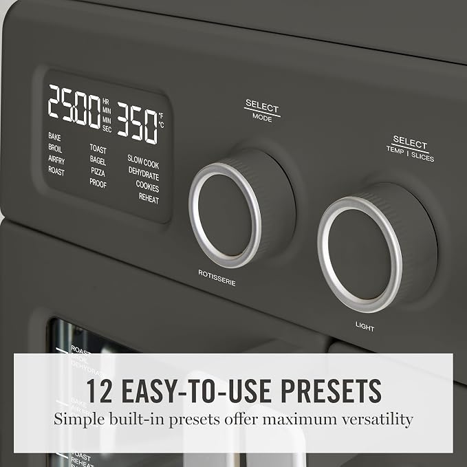 Martha Stewart French Door Air Fryer Toaster Oven Combo, 34QT Countertop Convection, 12-in-1, Bake, Broil, Roast, Fits 12” Pizza, Dehydrate, 5 Accessories, Air Fry Basket, Stainless Steel, Caviar Gray