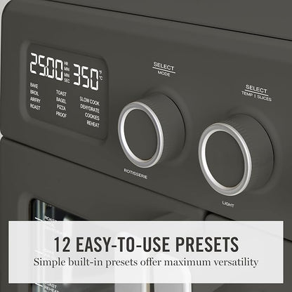 Martha Stewart French Door Air Fryer Toaster Oven Combo, 34QT Countertop Convection, 12-in-1, Bake, Broil, Roast, Fits 12” Pizza, Dehydrate, 5 Accessories, Air Fry Basket, Stainless Steel, Caviar Gray