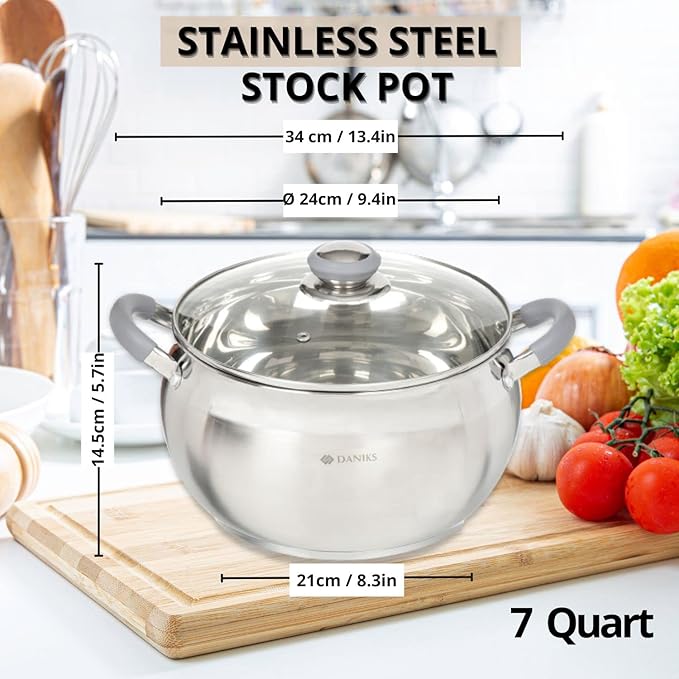 Daniks Modern 7 Quart Stainless Steel Stock Pot with Glass Lid, Tri-Ply Bottom for Even Heating, Induction Compatible, Dishwasher Safe, Heatproof Handles