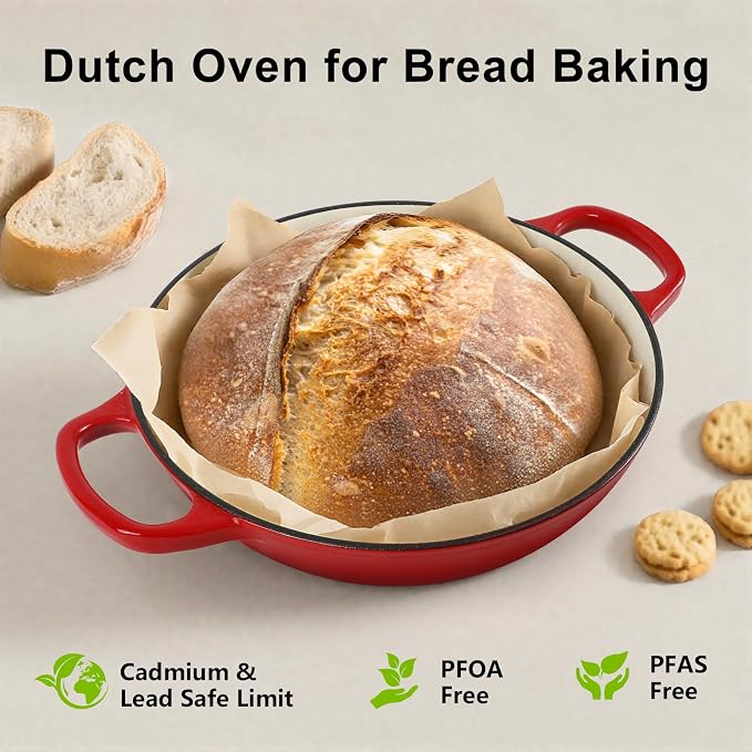 6QT Bread Dutch Oven Pot with Lid, Enameled Cast Iron Dutch Oven for Sourdough Bread Baking, Roasting, Stewing and Soup, Non-Stick Enamel Cookware for Oven/Stovetop, Perfect for Homemade Bread, Red