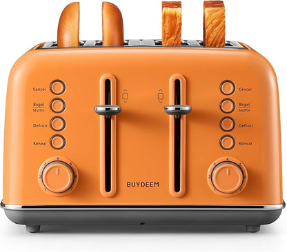 BUYDEEM DT640 4-Slice Toaster, 7 Shade Settings, Extra Wide 1.5’’ Slots for Bagel & English Muffin, 6 Toasting Functions, Retro Stainless Steel Toaster with High Lift Lever, 1800W, Orange