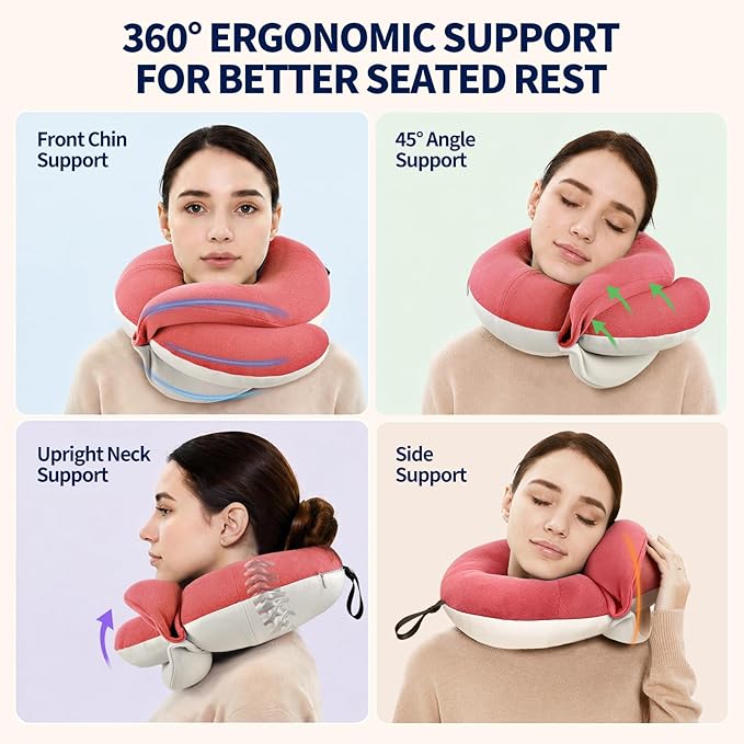 BUYUE Travel Neck Pillows for Airplanes, Memory Foam 360° Head Support Sleep for Long Flight, Skin-Friendly & Breathable, Kit with Eye Mask, Earplugs and Storage Bag (Adult, Pink, 90+ lbs)