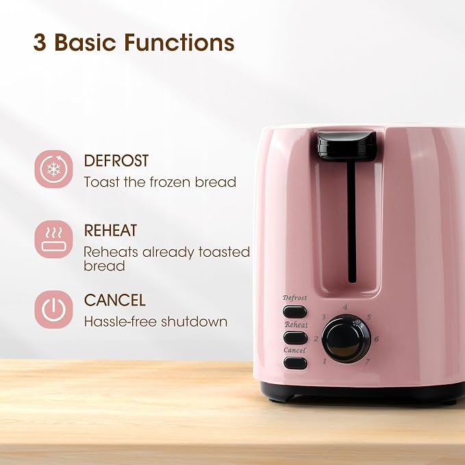 iSiLER 2 Slice Toaster, 1.3 Inches Wide Slot Bagel Toaster with 7 Shade Settings and Double Side Baking, Removable Crumb Tray, Defrost Cancel Function Pink | 1.3in Extra Wide Slots, 750W Even Double-Side Toasting, Defrost Reheat Cancel Modes, Removable...