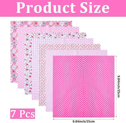 7Pcs Pink Printed Squares Fabric Patchwork Soft Cotton Square Fabrics Flower Polka Dot Stripe Print Vintage Cloth Bundle for Sewing Making Clothing Dress Decor Scrapbooking DIY Craft Supply