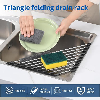 Triangle Dish Drying Rack for Sink Corner, 18/8 Stainless Steel with Thickened Silicone Edge, Roll-Up Space Saving Sink Caddy, Non-Slip Sponge Holder & Drainer Mat for Kitchen Counter