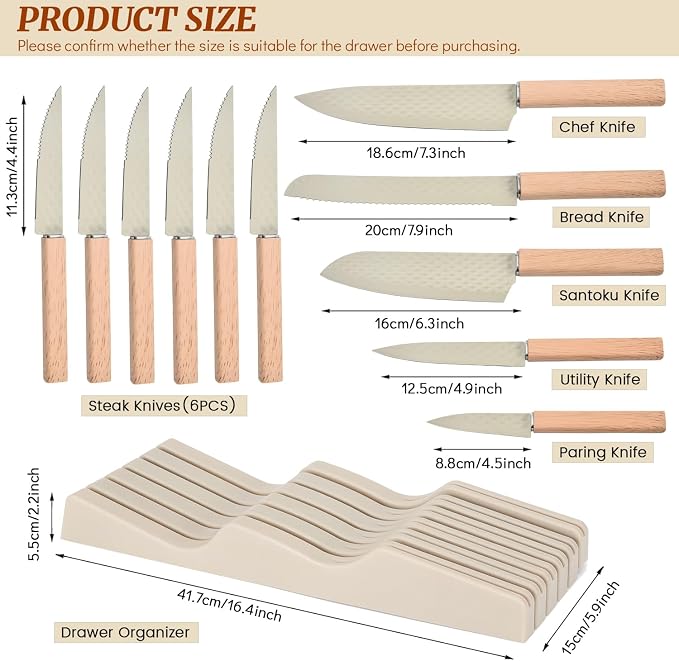 Knife Block Set, 12 Pieces Kitchen Knife Set with In-drawer Knife Block, Stainless Steel Knife Set with 6PCS Steak Knives, Ultra Sharp Non-stick Coating Chef Knife Set,Drawer Knife Organizer (Khaki)