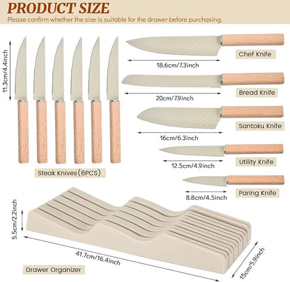 Knife Block Set, 12 Pieces Kitchen Knife Set with In-drawer Knife Block, Stainless Steel Knife Set with 6PCS Steak Knives, Ultra Sharp Non-stick Coating Chef Knife Set,Drawer Knife Organizer (Khaki)